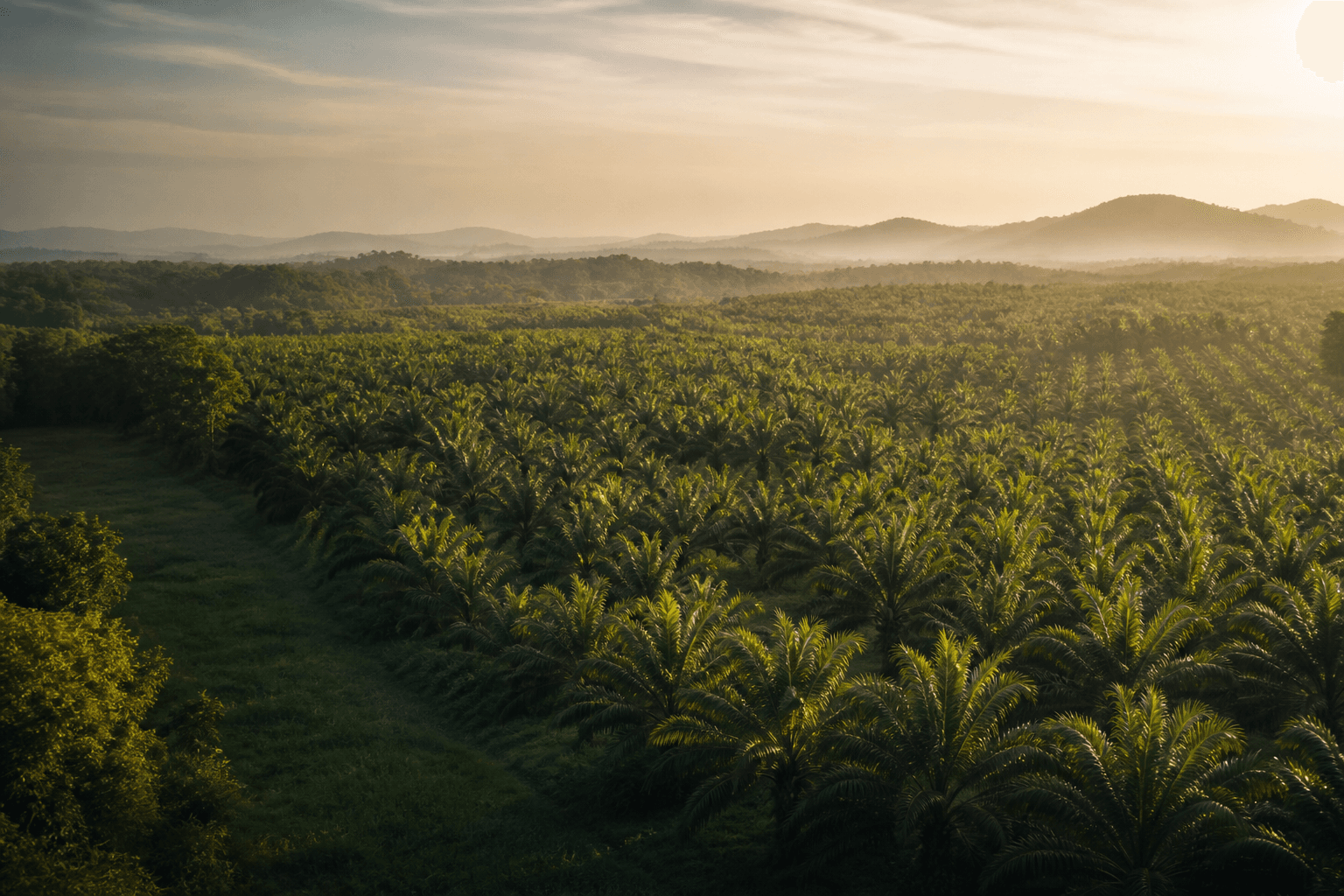 Oil palm trees in a green agricultural landscape
