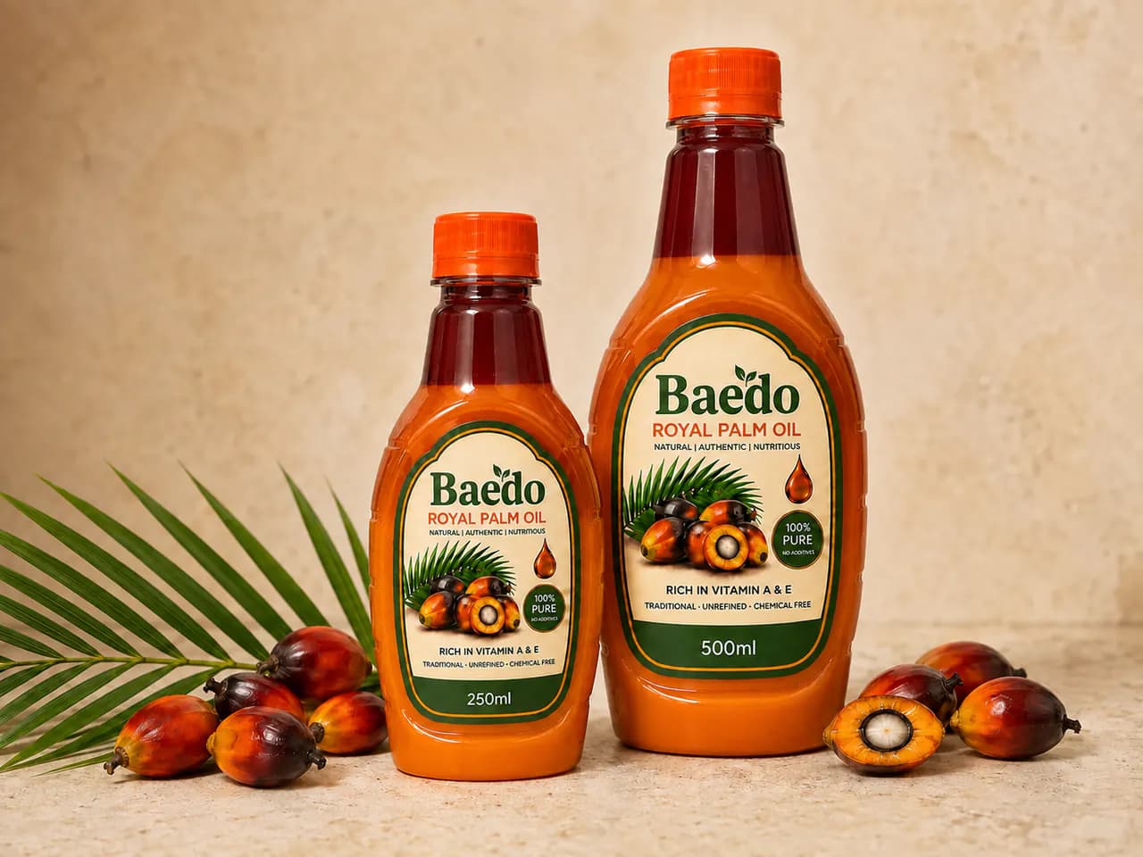 Full 250ml and 500ml bottles of Baedo Royal Palm Oil with fresh oil palm fruits